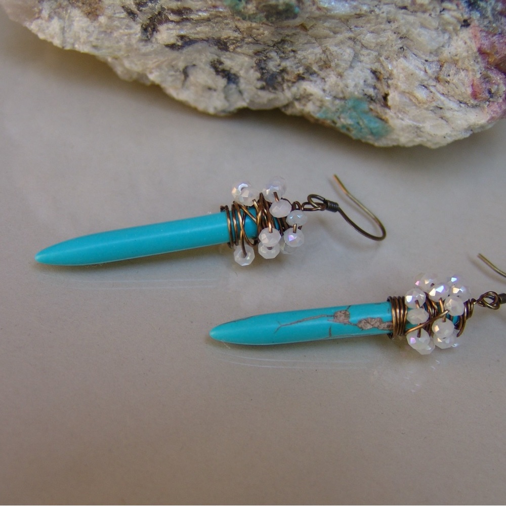Handcrafted Earrings Magnesite Turquoise Colored Dagger and Crystal Wrapped